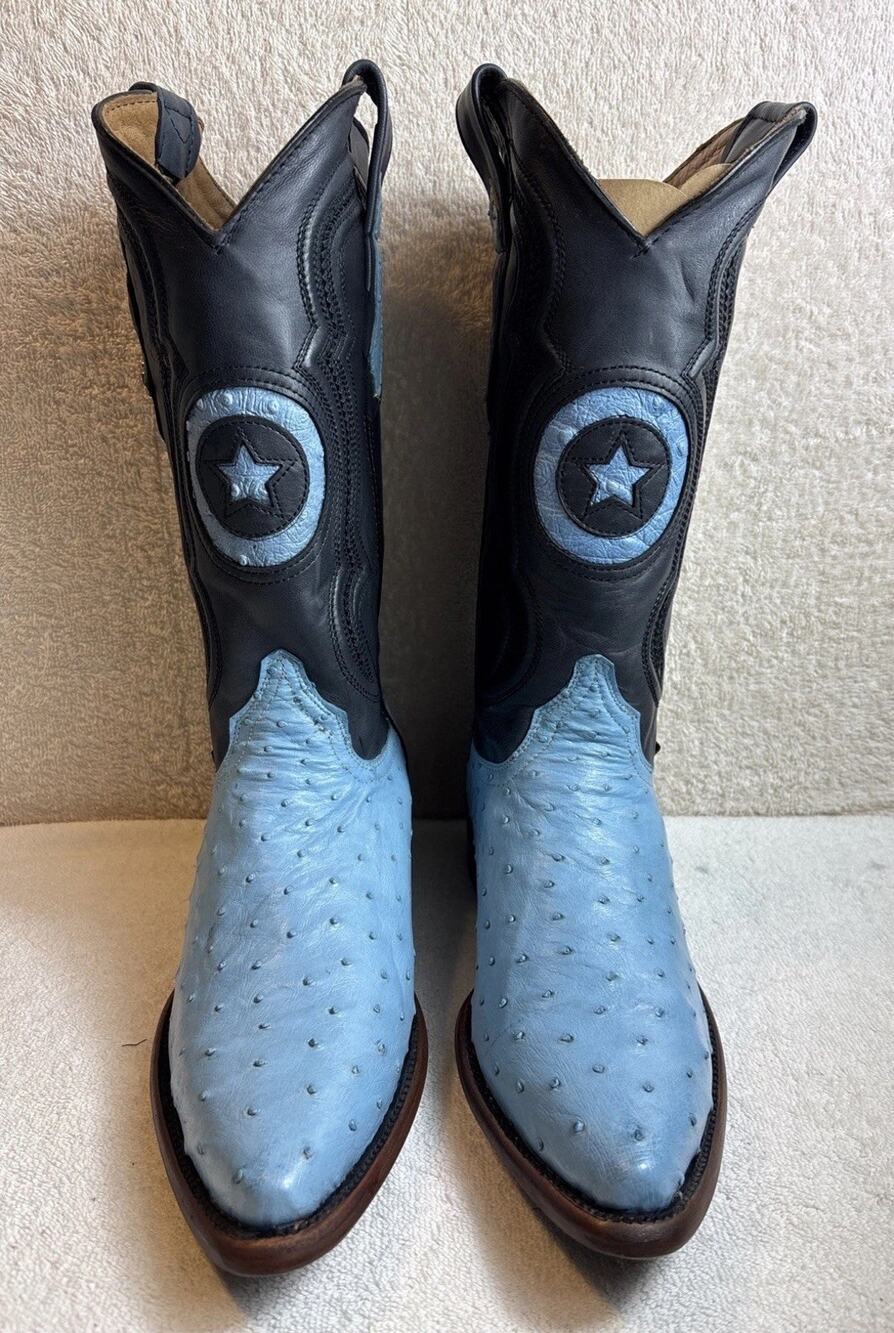 Texas Country Western Boots Blue Gray Ostrich Leather Men's Size 8